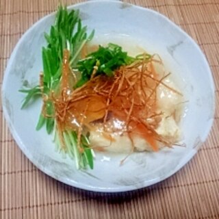 かりかり干しエノキをトッピング、揚げ出し豆腐